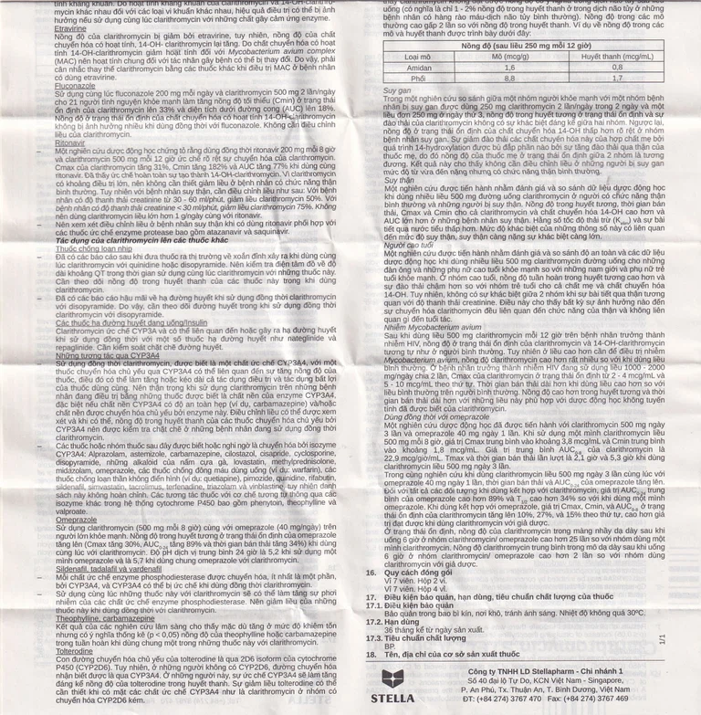 Thuốc Clarithromycin Stella 500mg điều trị nhiễm trùng (4 vỉ x 7 viên)
