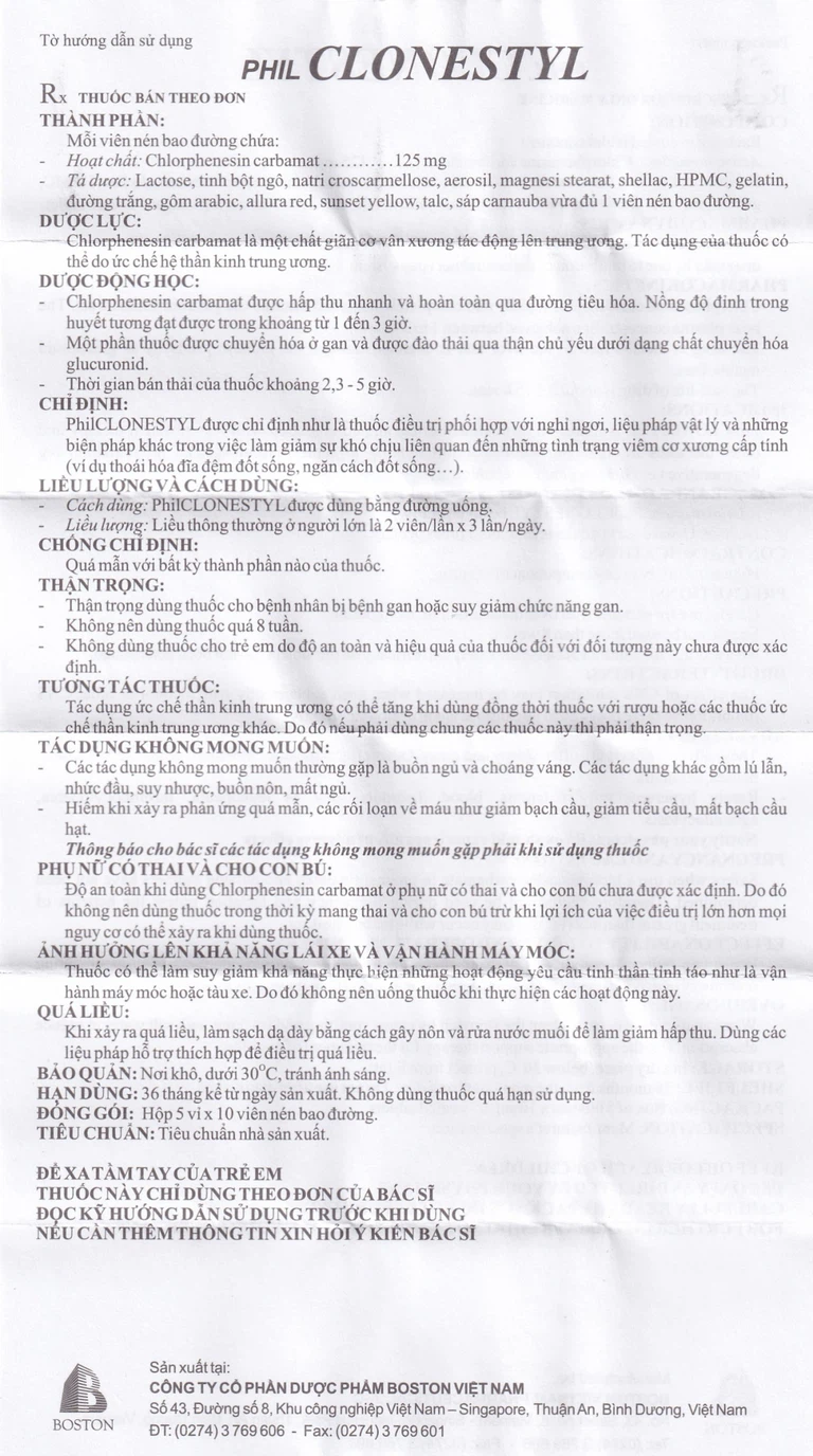 Viên nén Philclonestyl 125mg Boston điều trị triệu chứng các cơn co thắt cơ (5 vỉ x 10 viên)