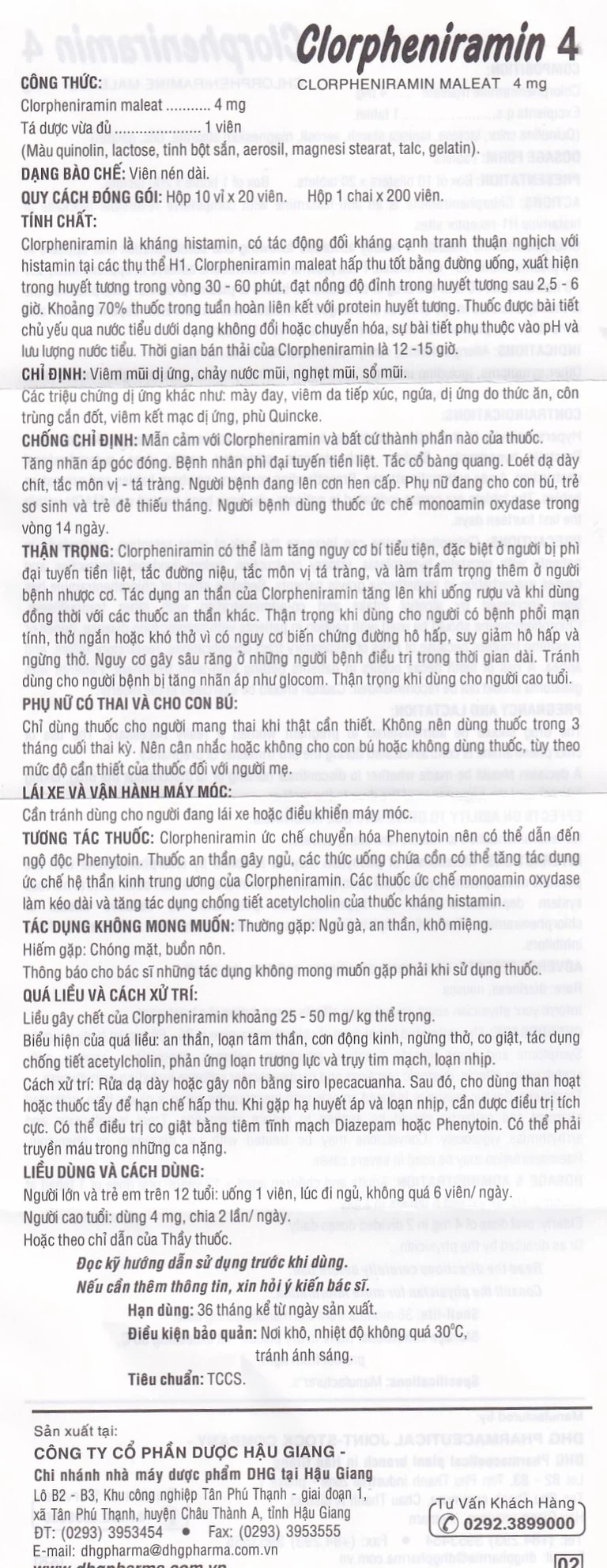 Thuốc Clorpheniramin 4 DHG điều trị viêm mũi dị ứng, chảy nước mũi (10 vỉ x 20 viên)