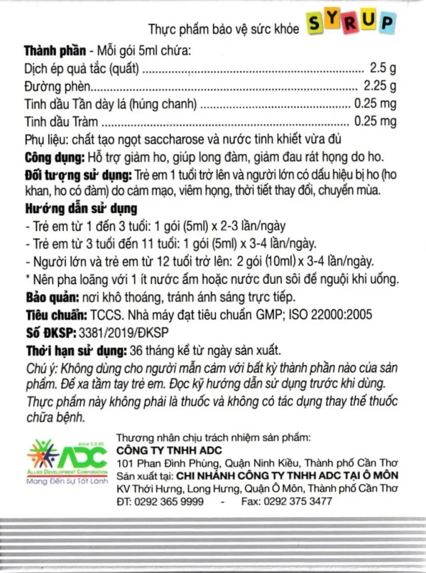 Siro Codatux Syrup ADC hỗ trợ long đờm, giảm ho, đau họng (30 gói x 5ml)