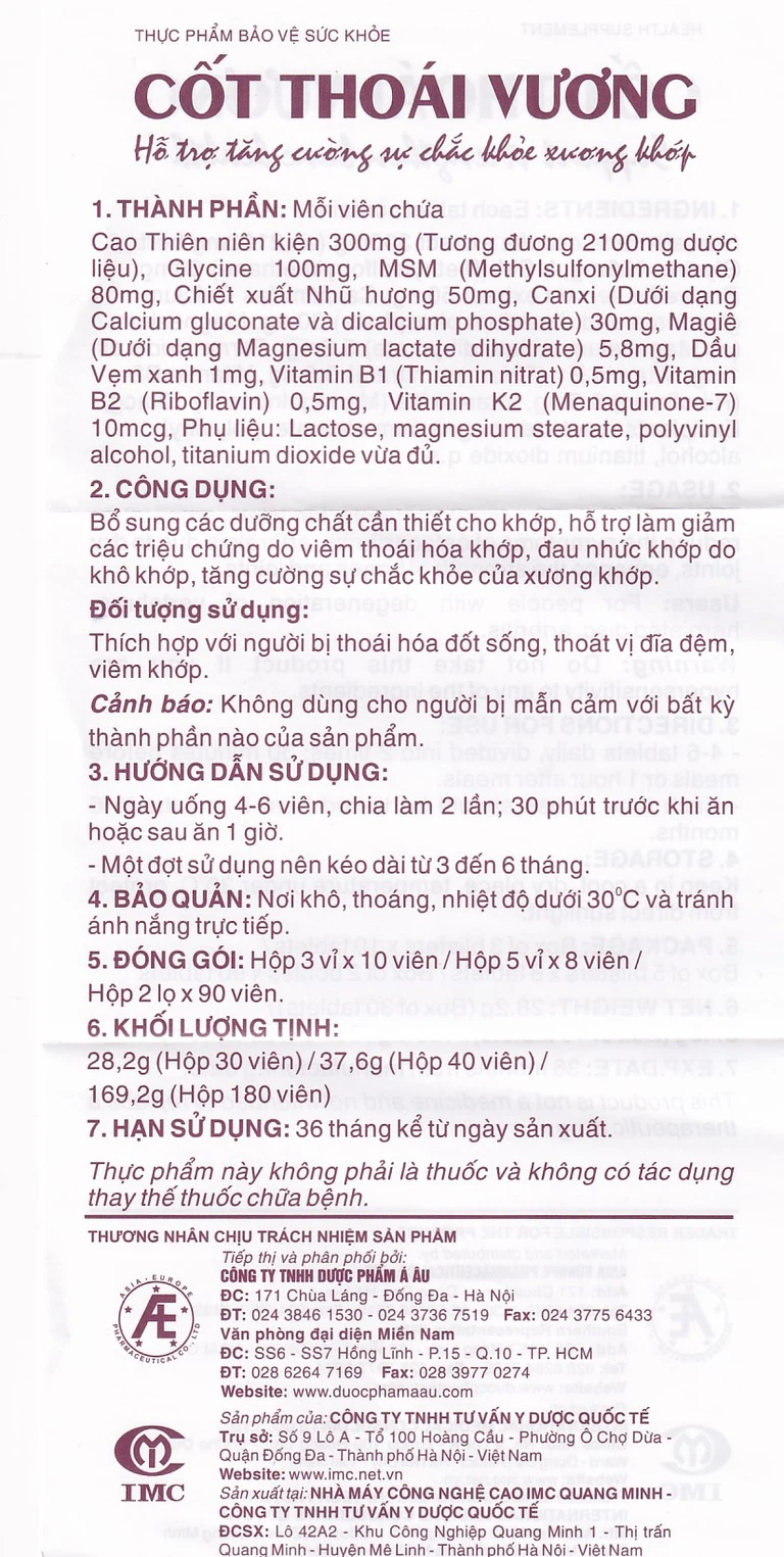 Viên uống Cốt Thoái Vương Á Âu hỗ trợ giảm triệu chứng viêm thoái hóa khớp (3 vỉ x 10 viên)
