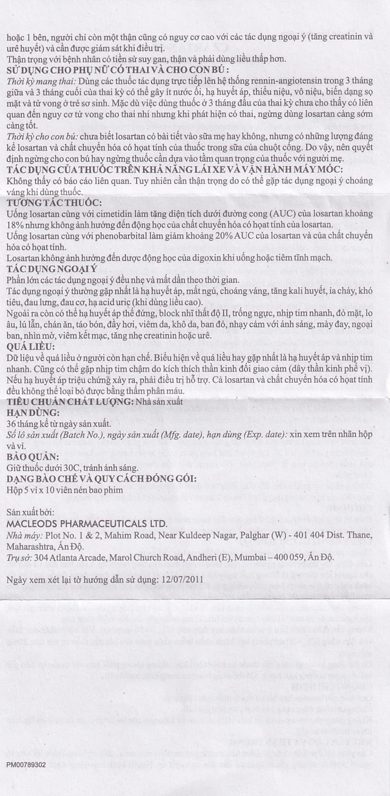 Thuốc Czartan 50mg Macleods điều trị tăng huyết áp (5 vỉ x 10 viên)