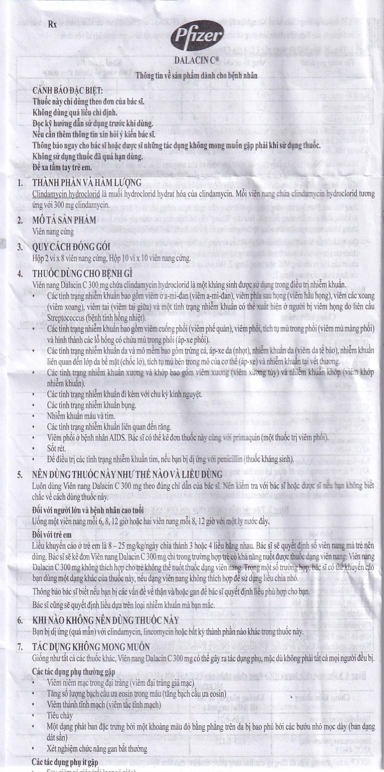 Thuốc Dalacin C 300mg Pfizer điều trị nhiễm khuẩn (2 vỉ x 8 viên)