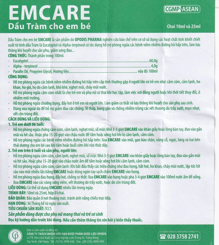 Dầu tràm cho em bé Emcare Opodis Pharma hỗ trợ phòng cảm lạnh, cảm cúm, ho khan (25ml)