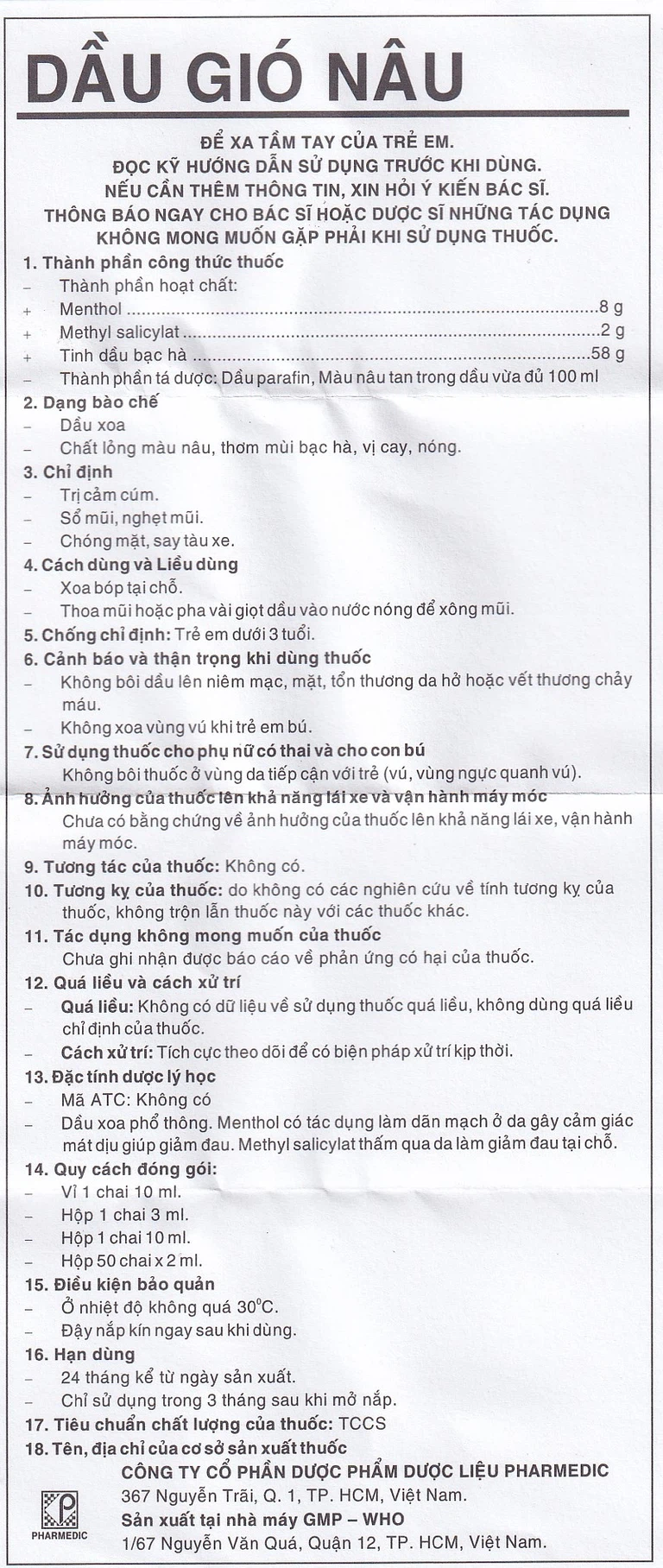 Dầu gió Nâu Pharmedic điều trị cảm cúm, sổ mũi, nghẹt mũi (10ml)