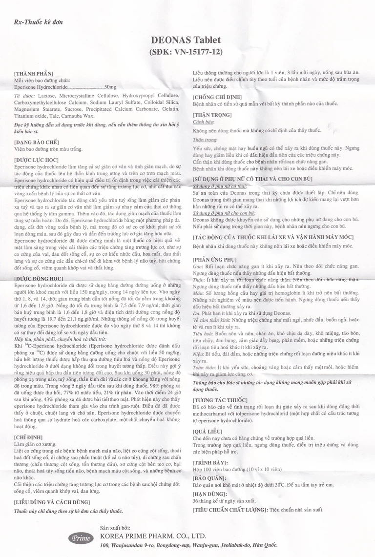 Thuốc Deonas 50mg Korea Prime làm giãn cơ xương (10 vỉ x 10 viên)