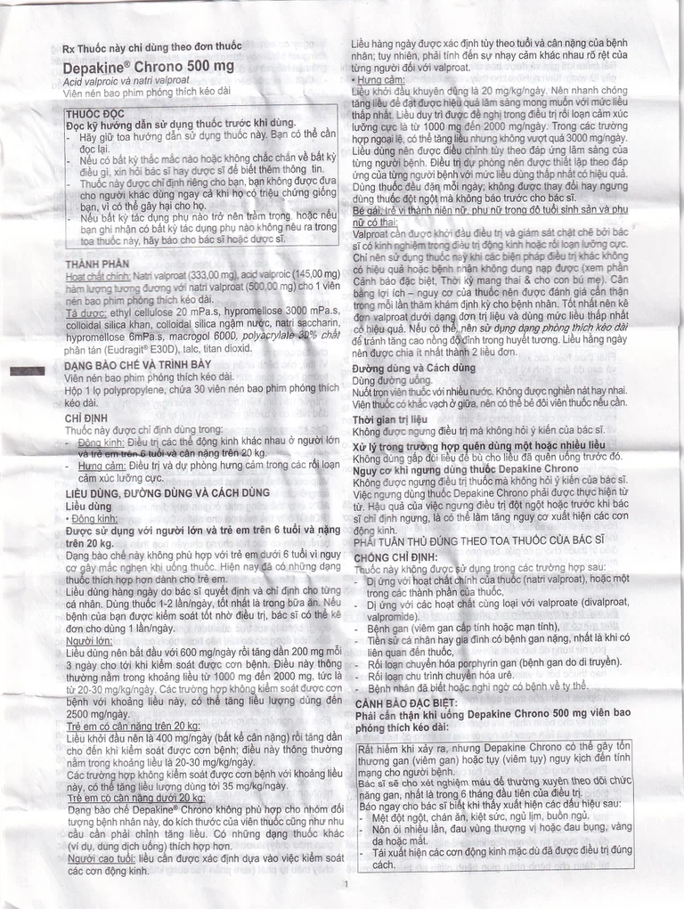 Thuốc Depakine Chrono 500mg Sanofi điều trị động kinh (30 viên)