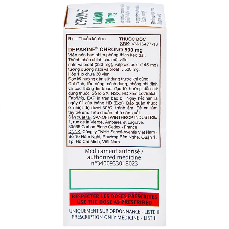 Thuốc Depakine Chrono 500mg Sanofi điều trị động kinh (30 viên)