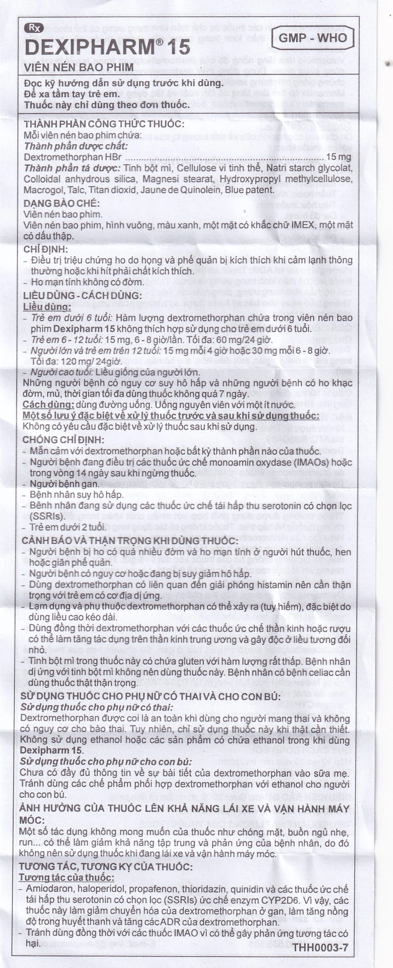 Thuốc Dexipharm 15mg Imexpharm điều trị triệu chứng ho (10 vỉ x 10 viên)