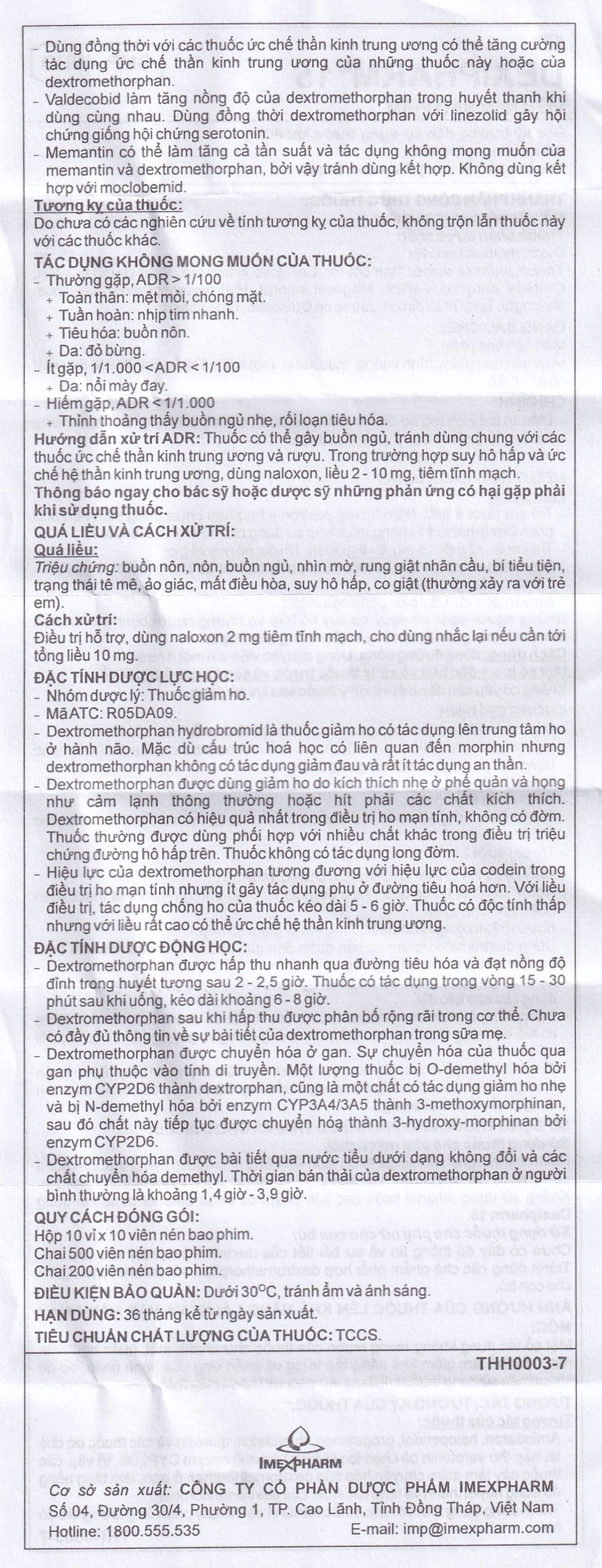 Thuốc Dexipharm 15mg Imexpharm điều trị triệu chứng ho (10 vỉ x 10 viên)