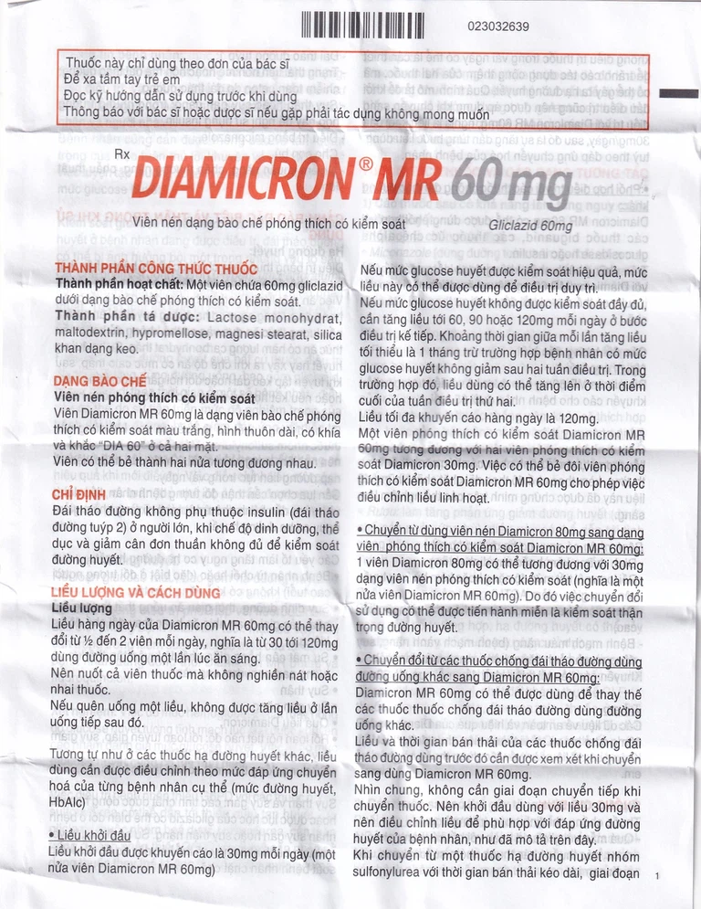 Thuốc Diamicron MR 60mg Servier điều trị tiểu đường típ 2 (2 vỉ x 15 viên)