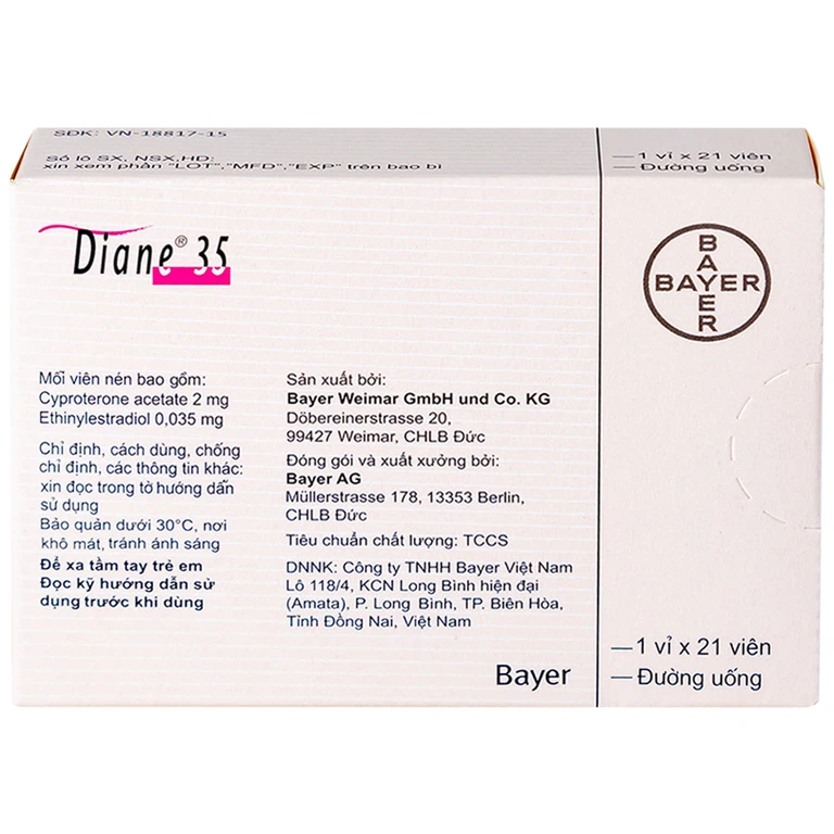 Thuốc Diane 35 Bayer điều trị mụn trứng cá mức độ vừa đến nặng (1 vỉ x 21 viên)