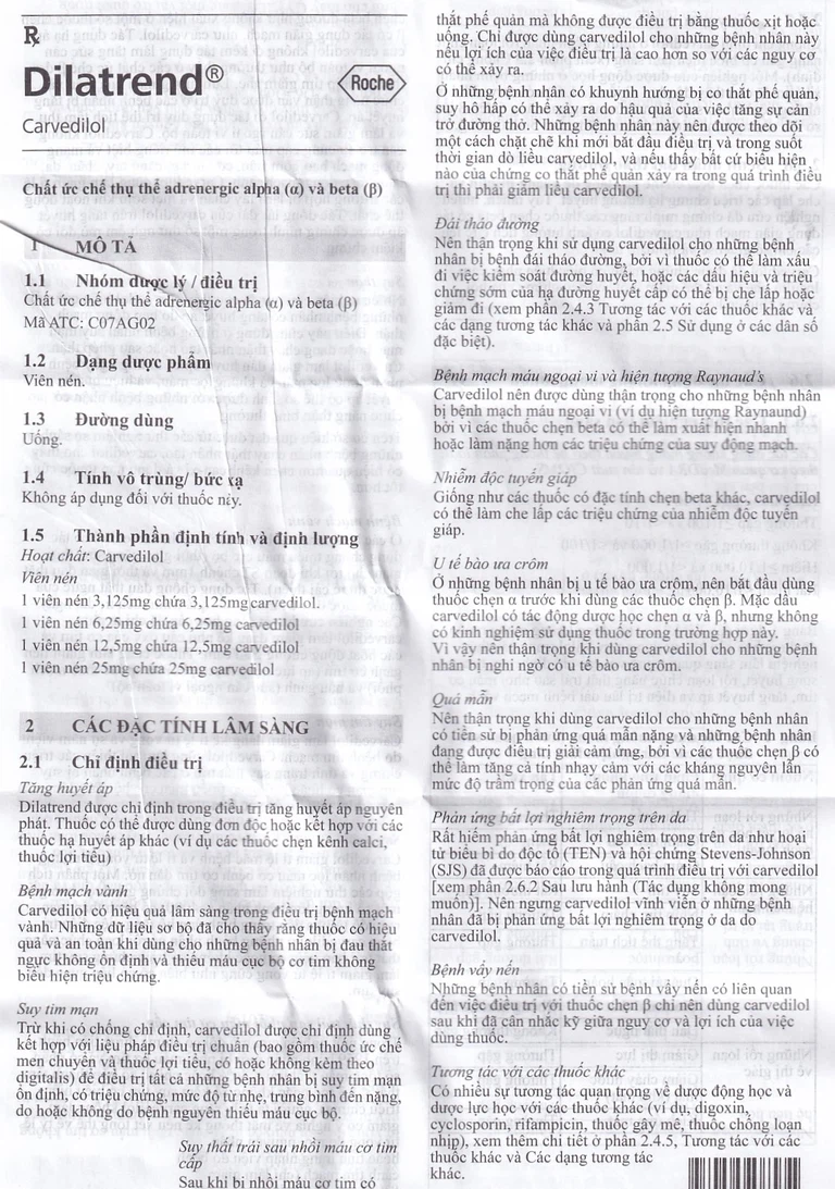 Thuốc Dilatrend Roche điều trị tăng huyết áp, bệnh mạch vành, suy tim mạn, suy thất trái (3 vỉ x 10 viên)