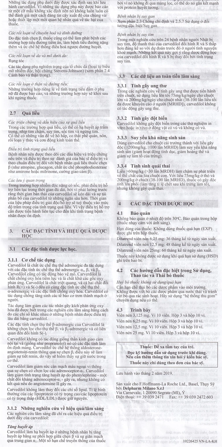 Thuốc Dilatrend Roche điều trị tăng huyết áp, bệnh mạch vành, suy tim mạn, suy thất trái (3 vỉ x 10 viên)