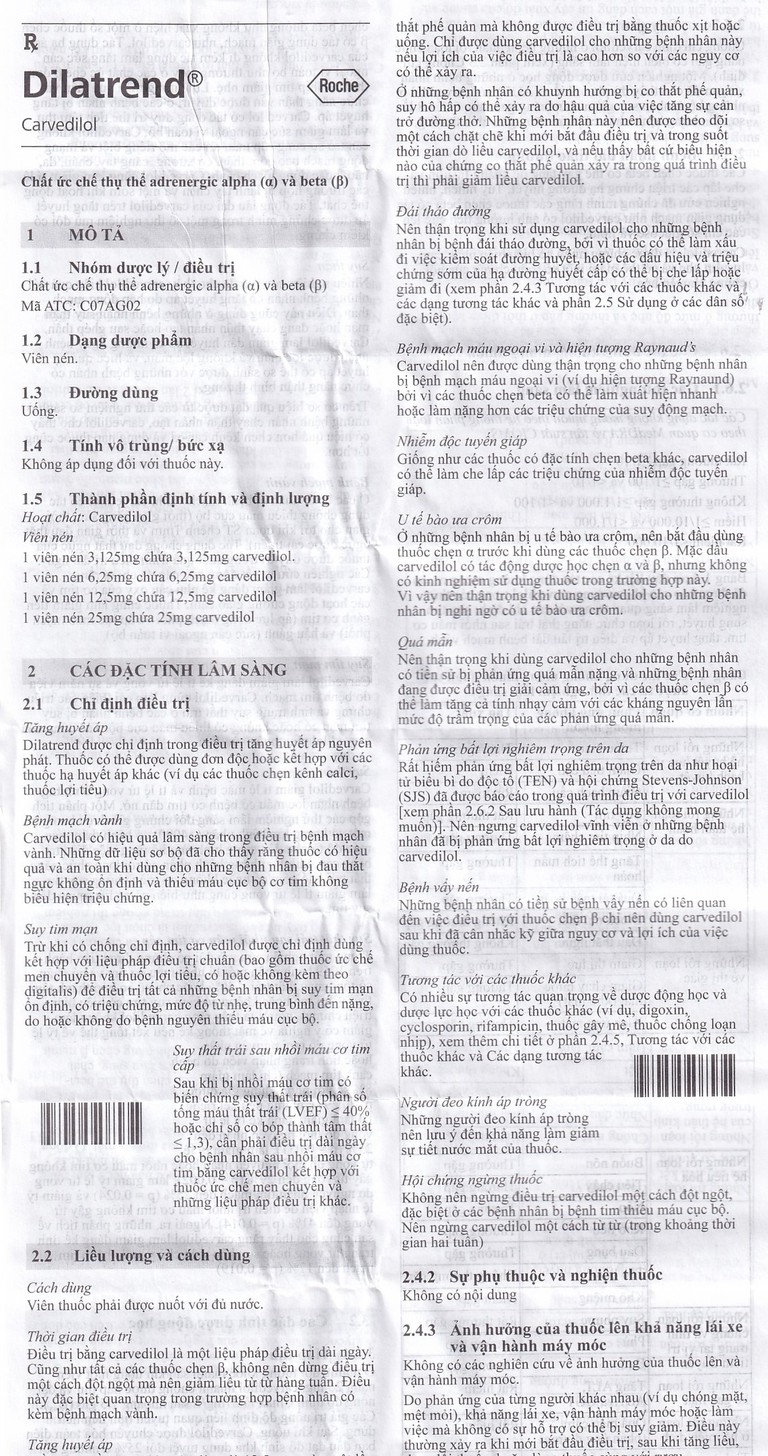 Thuốc Dilatrend 6.25mg Roche điều trị tăng huyết áp, bệnh mạch vành, suy tim mạn (3 vỉ x 10 viên)