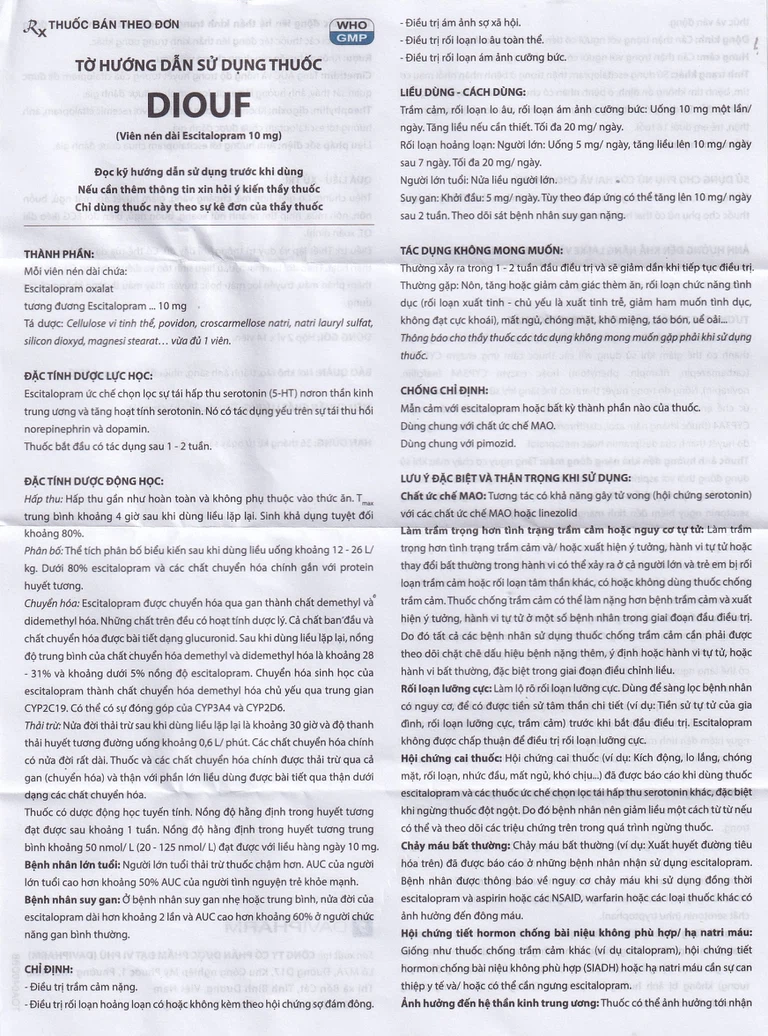 Thuốc Diouf Davipharm điều trị trầm cảm nặng, rối loạn hoảng loạn (2 vỉ x 14 viên)