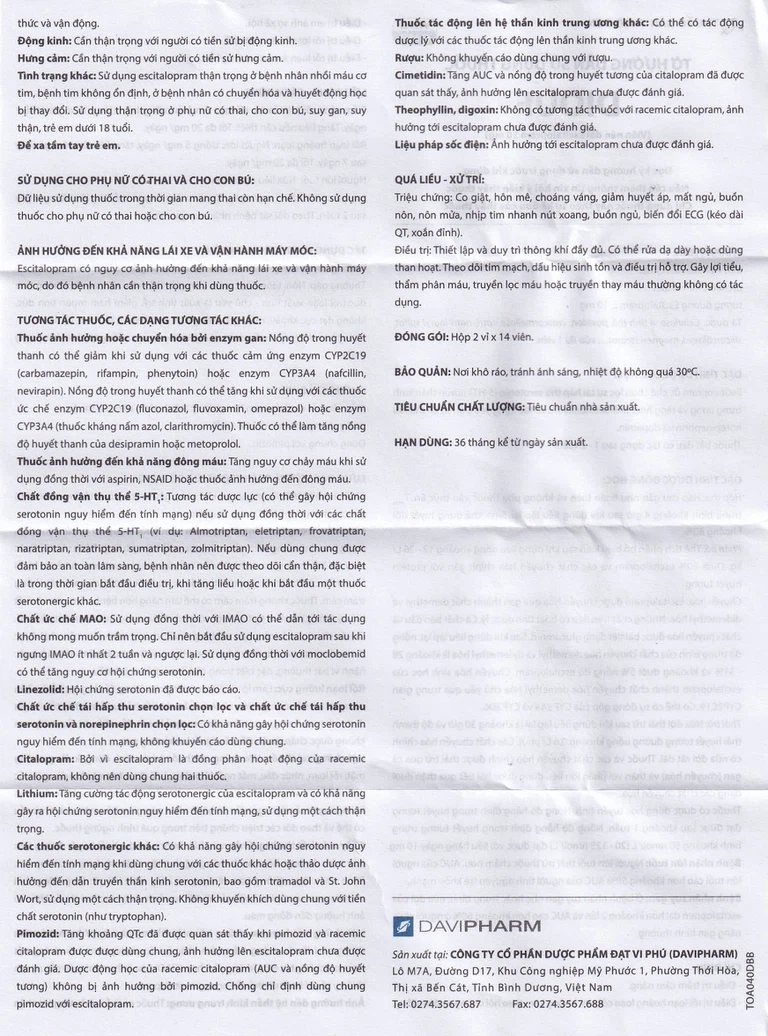 Thuốc Diouf Davipharm điều trị trầm cảm nặng, rối loạn hoảng loạn (2 vỉ x 14 viên)
