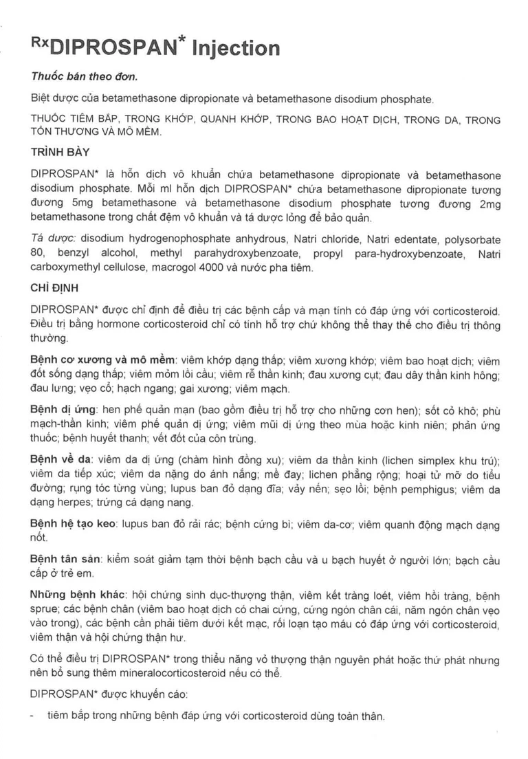 Thuốc tiêm Diprospan Injection (5+2)mg/ml Merck điều trị các bệnh cơ xương và mô mềm, dị ứng (1 ống x 1ml)