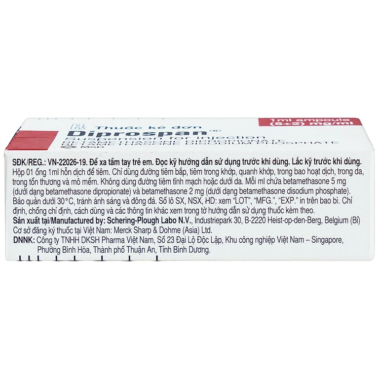 Thuốc tiêm Diprospan Injection (5+2)mg/ml Merck điều trị các bệnh cơ xương và mô mềm, dị ứng (1 ống x 1ml)