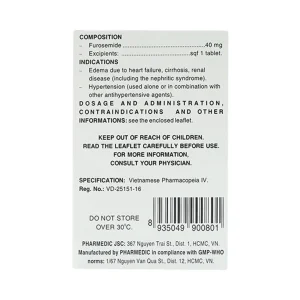 Thuốc Diurefar 40 Pharmedic điều trị tăng huyết áp, phù do suy tim, xơ gan, bệnh thận (10 vỉ x 12 viên)