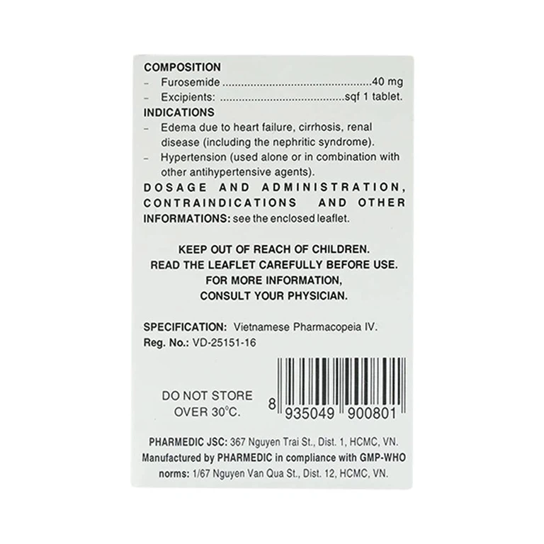 Thuốc Diurefar 40 Pharmedic điều trị tăng huyết áp, phù do suy tim, xơ gan, bệnh thận (10 vỉ x 12 viên)