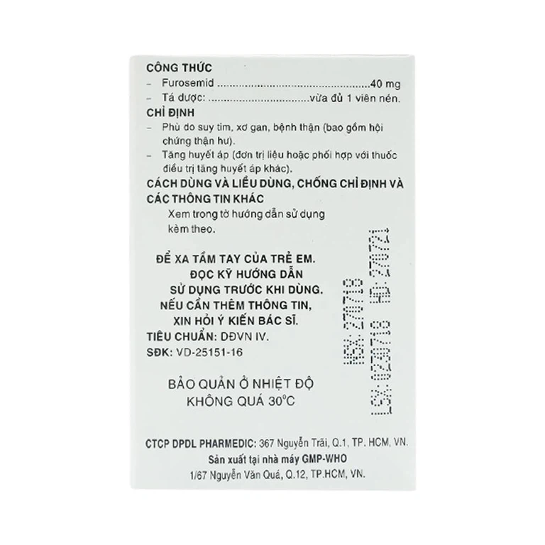 Thuốc Diurefar 40 Pharmedic điều trị tăng huyết áp, phù do suy tim, xơ gan, bệnh thận (10 vỉ x 12 viên)