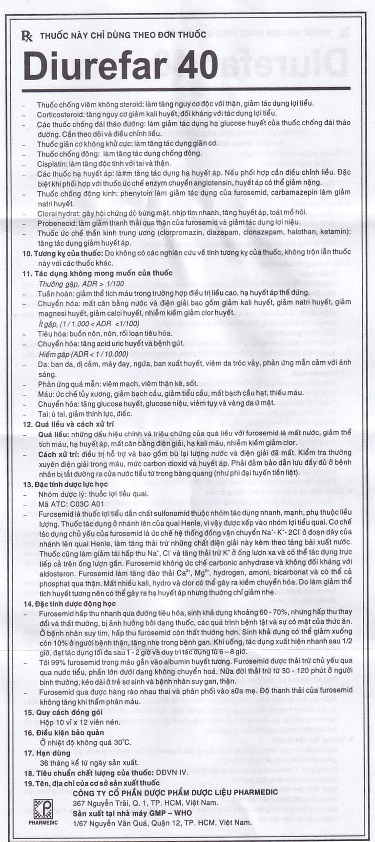 Thuốc Diurefar 40 Pharmedic điều trị tăng huyết áp, phù do suy tim, xơ gan, bệnh thận (10 vỉ x 12 viên)