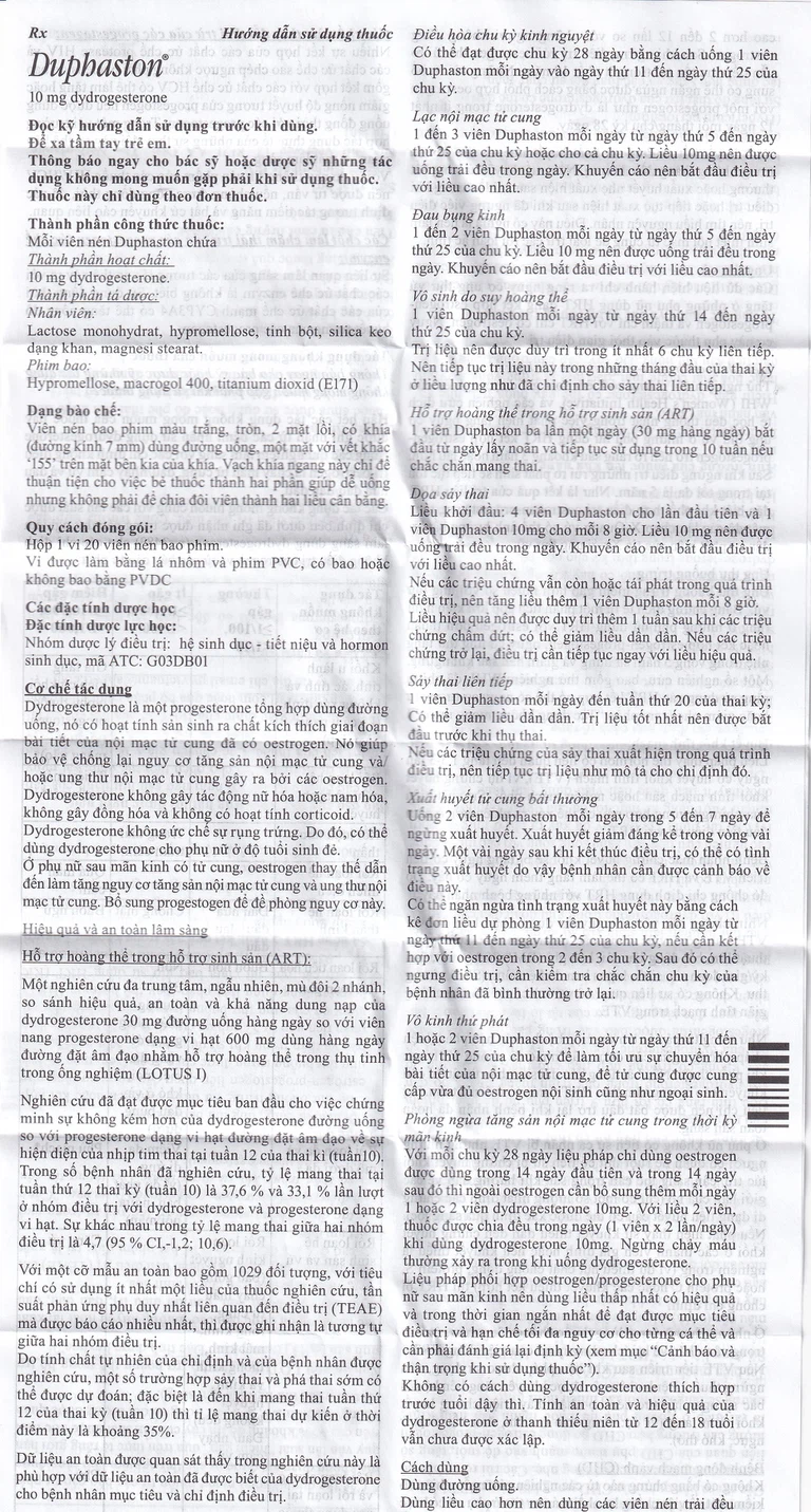Thuốc Duphaston Abbott điều hòa kinh nguyệt, lạc nội mạc tử cung (1 vỉ x 20 viên)