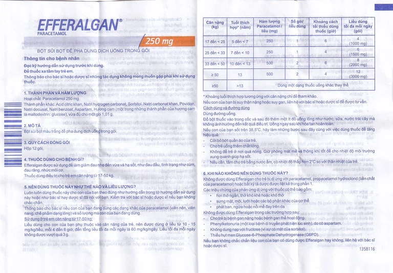 Bột sủi Efferalgan 250mg UPSA SAS giảm đau, hạ sốt (12 gói)