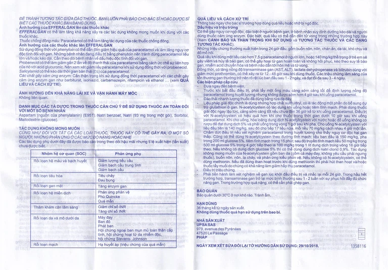 Bột sủi Efferalgan 250mg UPSA SAS giảm đau, hạ sốt (12 gói)