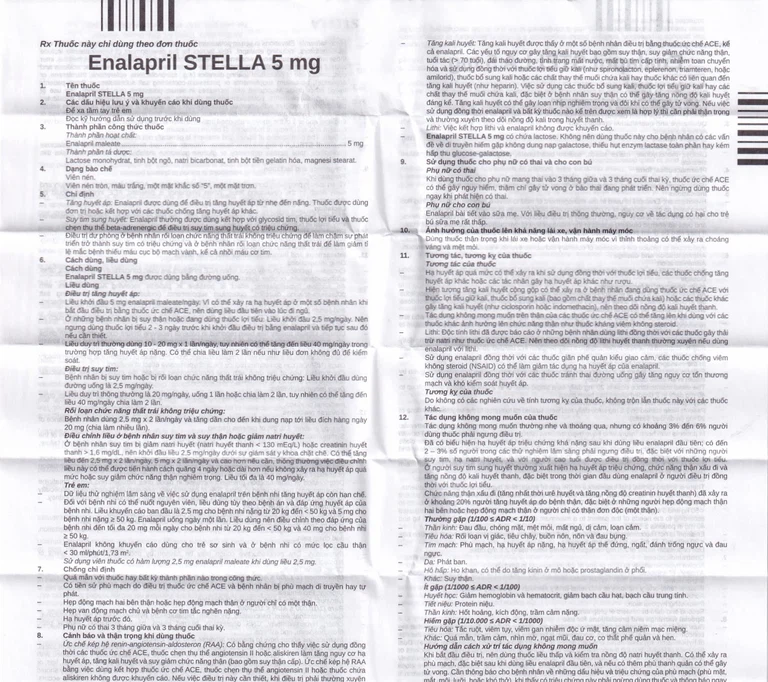 Thuốc Enalapril Stella 5mg điều trị tăng huyết áp, suy tim sung huyết (3 vỉ x 10 viên)