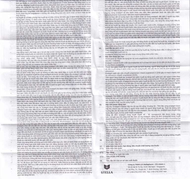 Thuốc Enalapril Stella 5mg điều trị tăng huyết áp, suy tim sung huyết (3 vỉ x 10 viên)