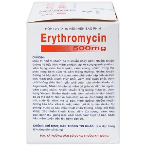 Thuốc Erythromycin 500mg Vidipha điều trị nhiễm khuẩn (10 vỉ x 10 viên)