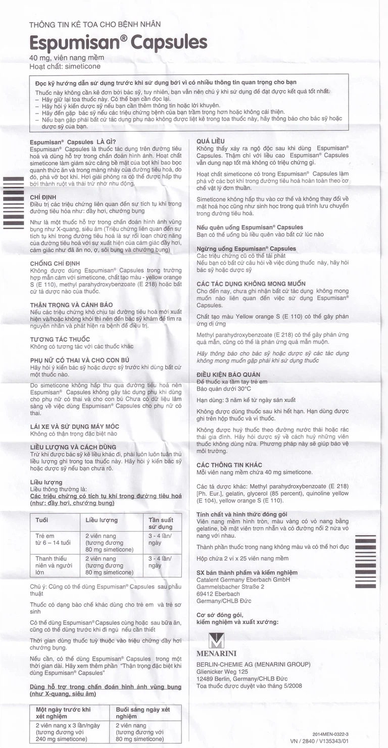 Thuốc Espumisan điều trị các triệu chứng đầy hơi, chướng bụng (2 vỉ x 25 viên)