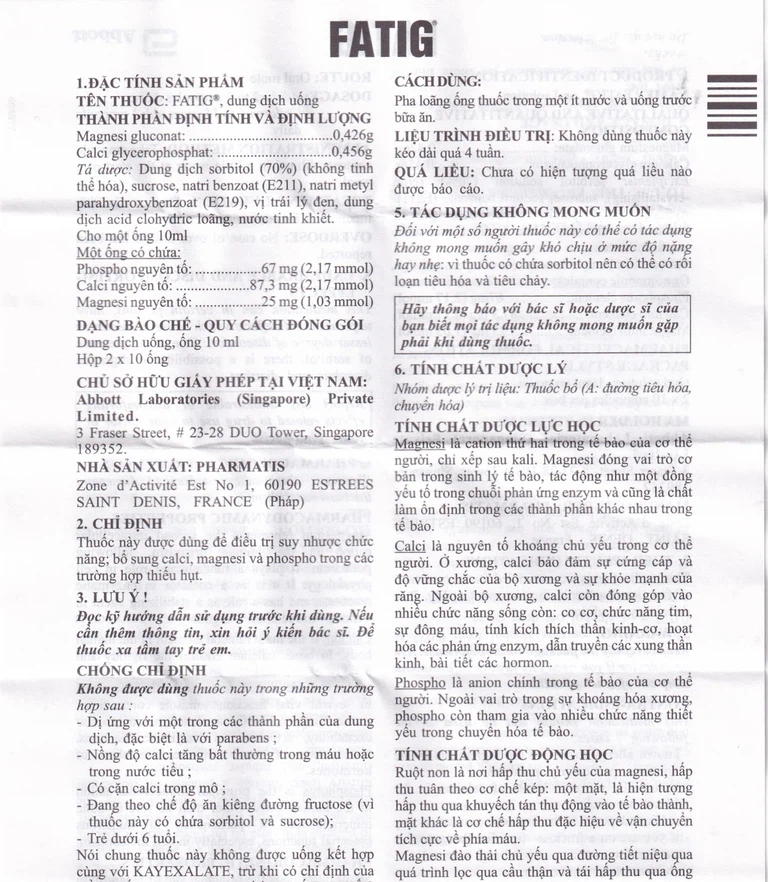Dung dịch uống Fatig Abbott hỗ trợ điều trị suy nhược chức năng, bổ sung khoáng chất (2 vỉ x 10 ống)