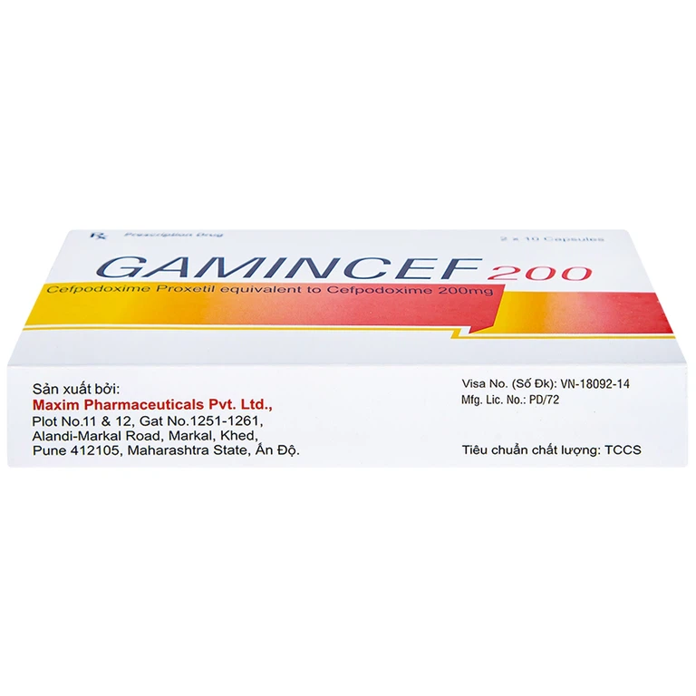 Thuốc Gamincef 200 Maxim điều trị viêm phổi, viêm phế quản, viêm họng (2 vỉ x 10 viên)