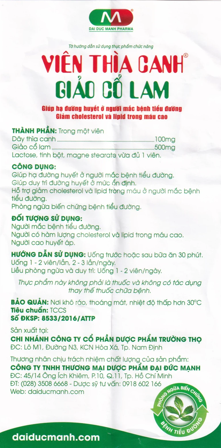 Viên thìa canh Giảo Cổ Lam giúp hạ đường huyết, giảm cholesterol và lipid trong máu cao (3 vỉ x 10 viên)