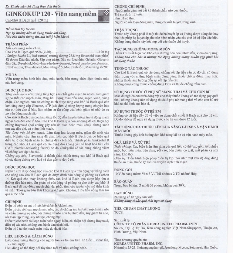 Thuốc Ginkokup 120 United điều trị bệnh sa sút trí tuệ, kể cả bệnh Alzheimer (6 vỉ x 10 viên)