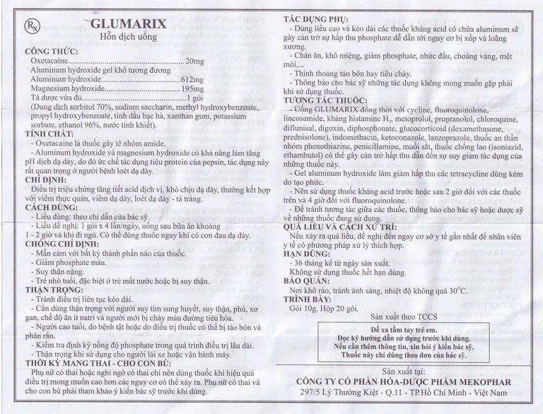 Hỗn dịch uống Glumarix 10g Mekophar điều trị triệu chứng tăng tiết acid dịch vị, khó chịu dạ dày (20 gói)