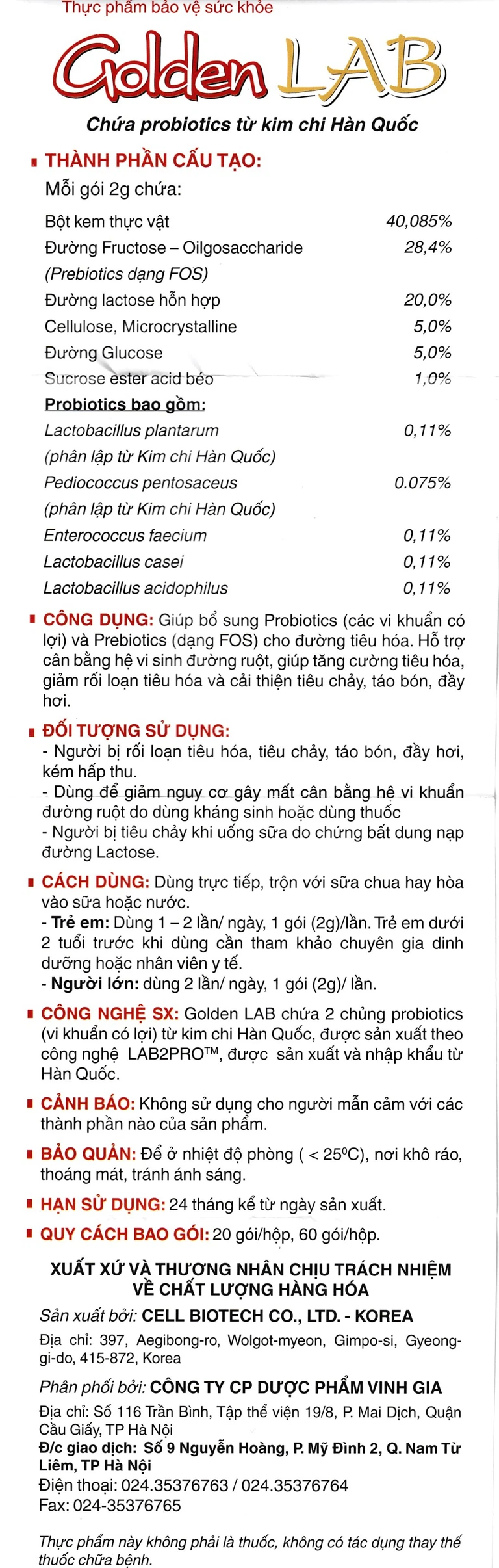 Men vi sinh Golden Lab Cell Biotech hỗ trợ cân bằng hệ vi sinh đường ruột (20 gói x 2g)