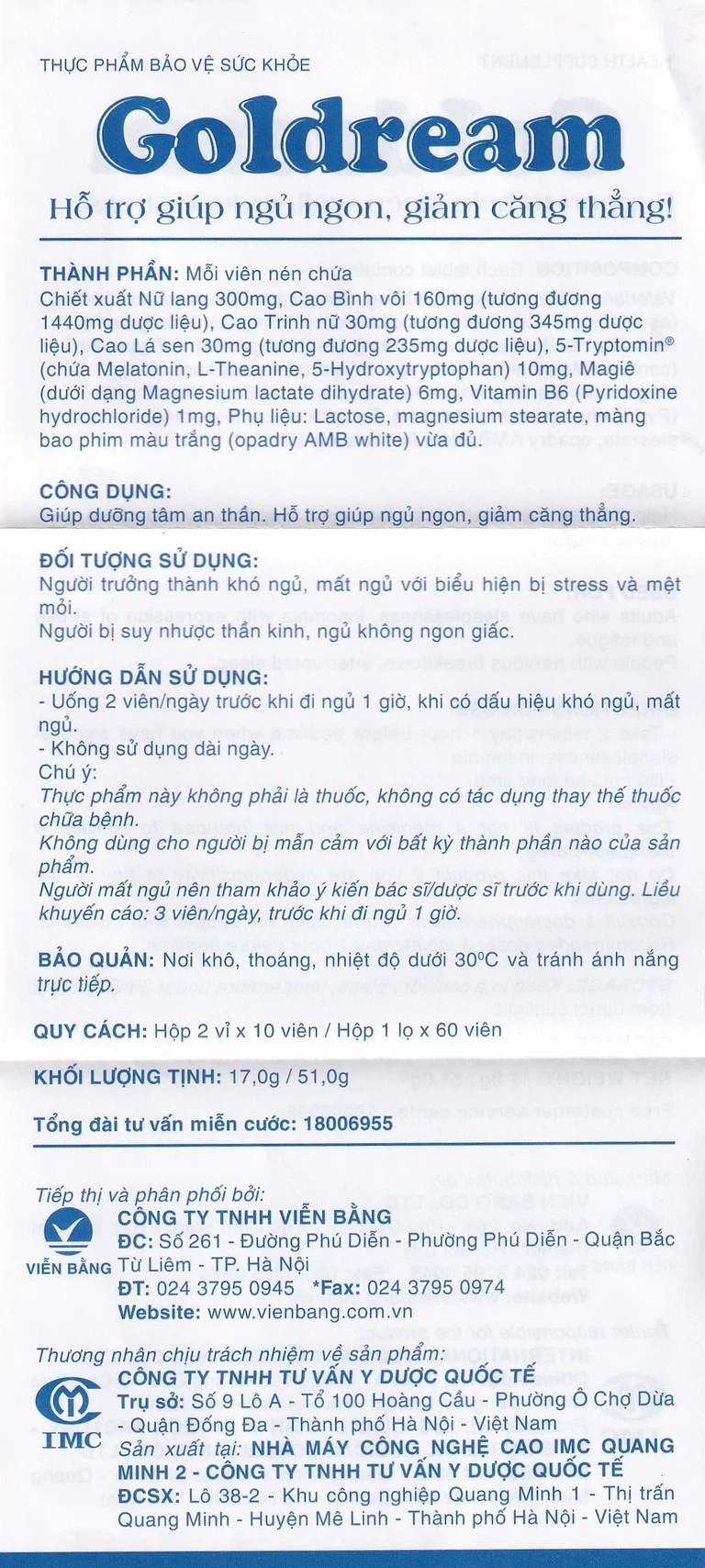 Viên uống Goldream IMC hỗ trợ ngủ ngon, giảm căng thẳng (20 viên)