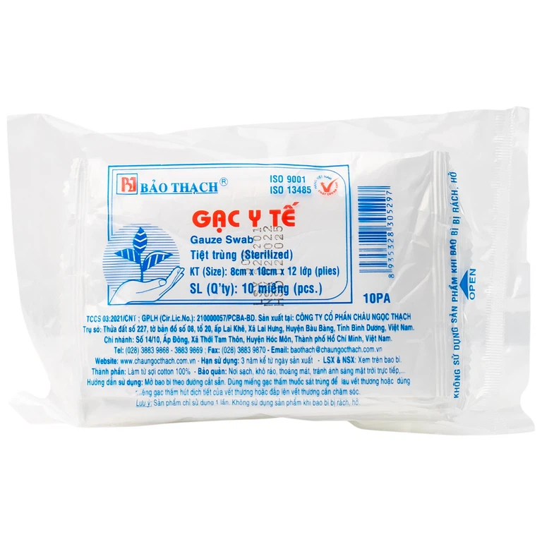 Gạc y tế tiệt trùng 8cm x 10cm x 12 lớp Bảo Thạch sơ cứu vết thương, thấm máu và dịch tiết (10 miếng)