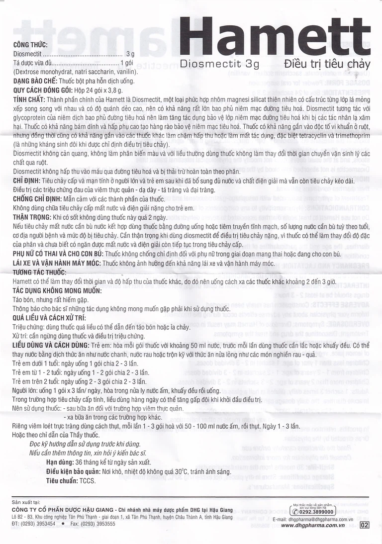 Bột Hamett DHG điều trị tiêu chảy cấp và mạn tính (24 gói)