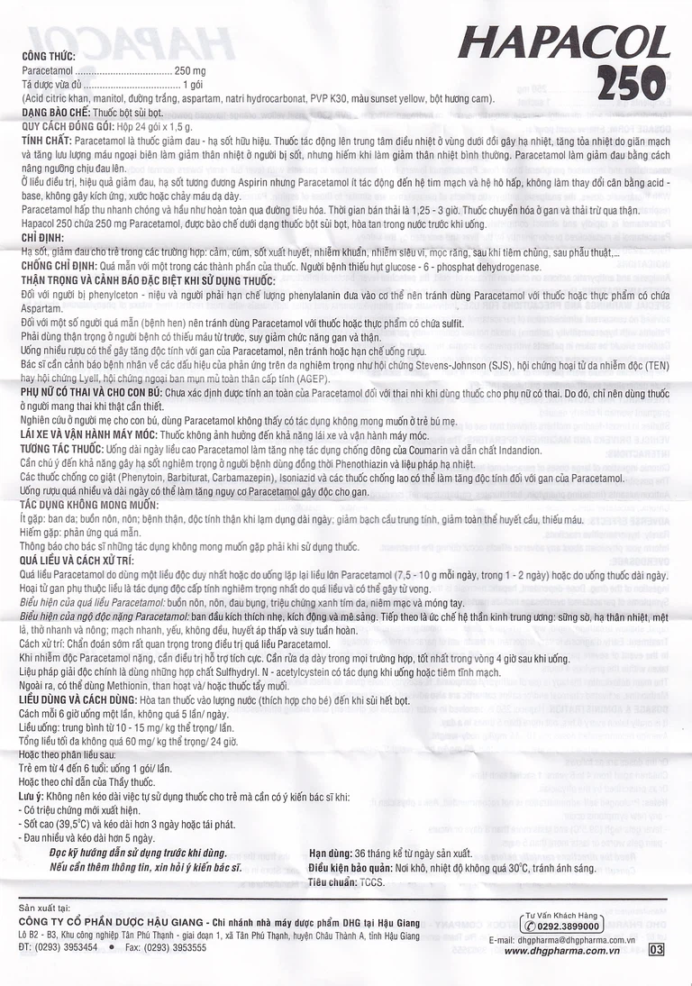 Bột Hapacol 250 DHG giảm đau, hạ sốt (24 gói)