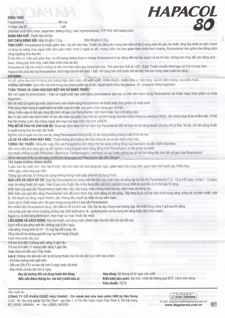 Bột Hapacol 80 DHG giảm đau, hạ sốt (24 gói)