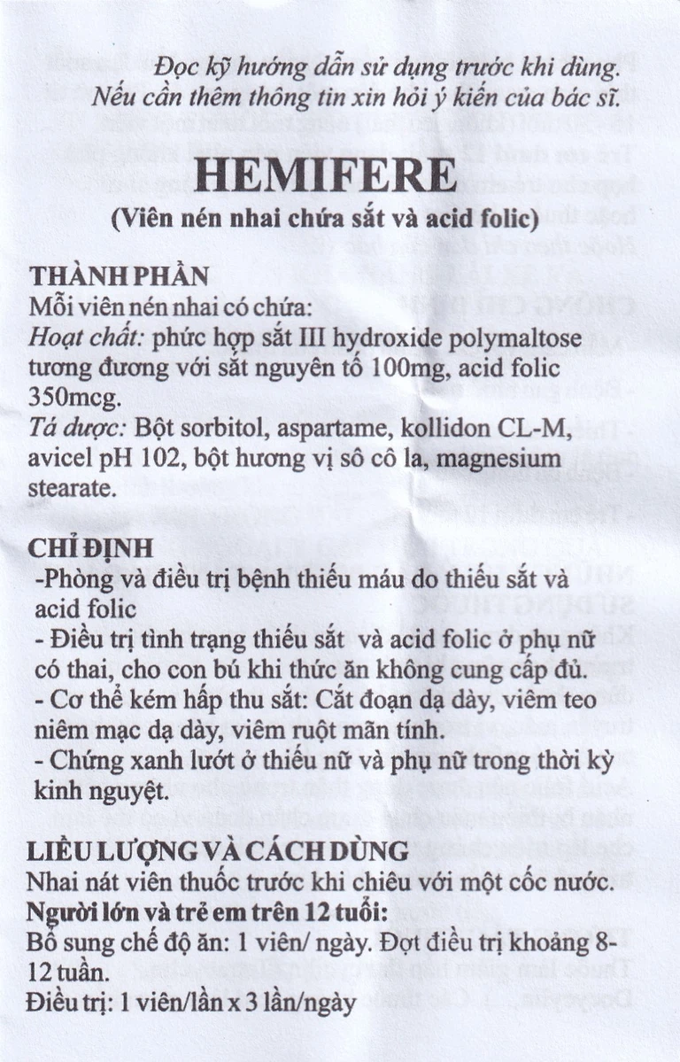 Viên nhai Hemifere 100mg phòng và điều trị bệnh thiếu máu do thiếu sắt và acid folic (3 vỉ x 10 viên)
