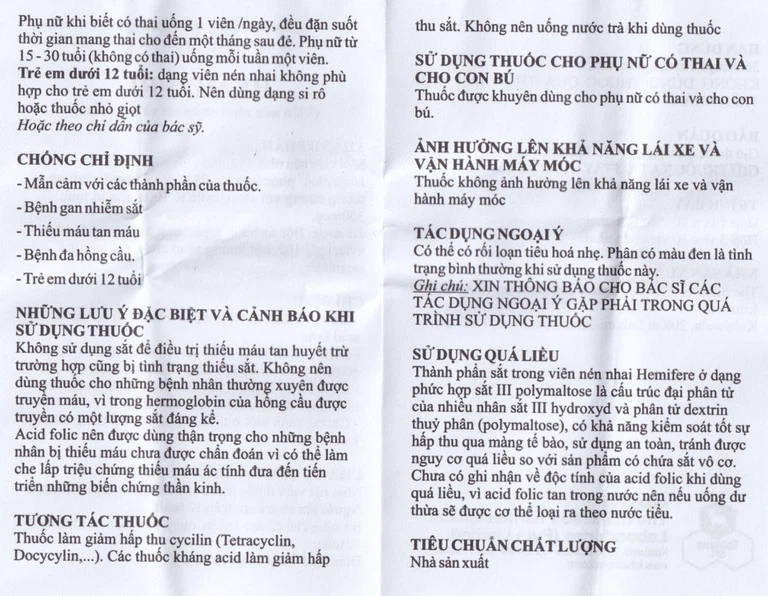 Viên nhai Hemifere 100mg phòng và điều trị bệnh thiếu máu do thiếu sắt và acid folic (3 vỉ x 10 viên)