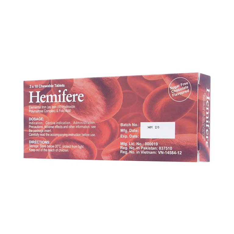 Viên nhai Hemifere 100mg phòng và điều trị bệnh thiếu máu do thiếu sắt và acid folic (3 vỉ x 10 viên)