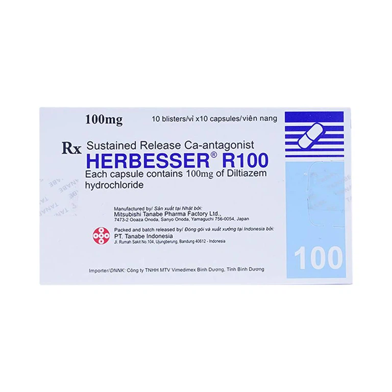 Thuốc Herbesser R100 điều trị tăng huyết áp vô căn, đau thắt ngực ổn định (10 vỉ x 10 viên)