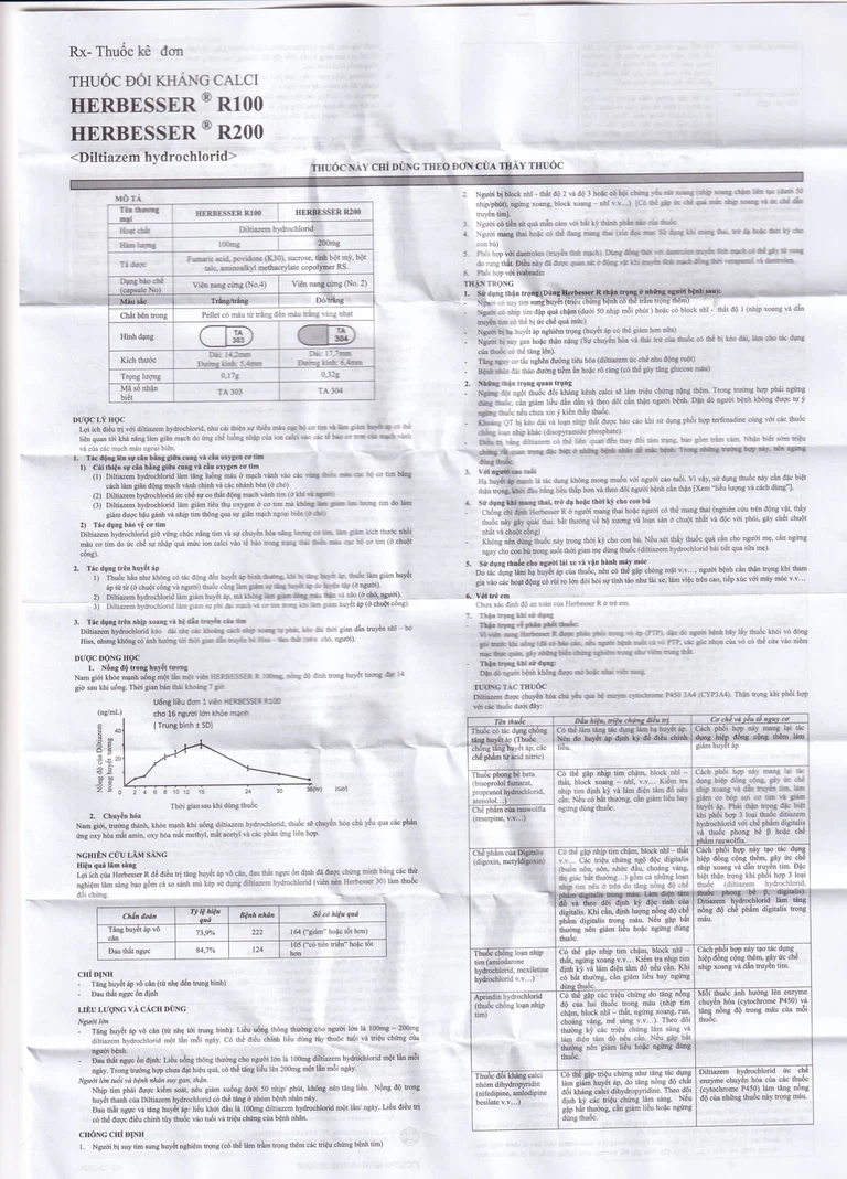 Thuốc Herbesser R100 điều trị tăng huyết áp vô căn, đau thắt ngực ổn định (10 vỉ x 10 viên)
